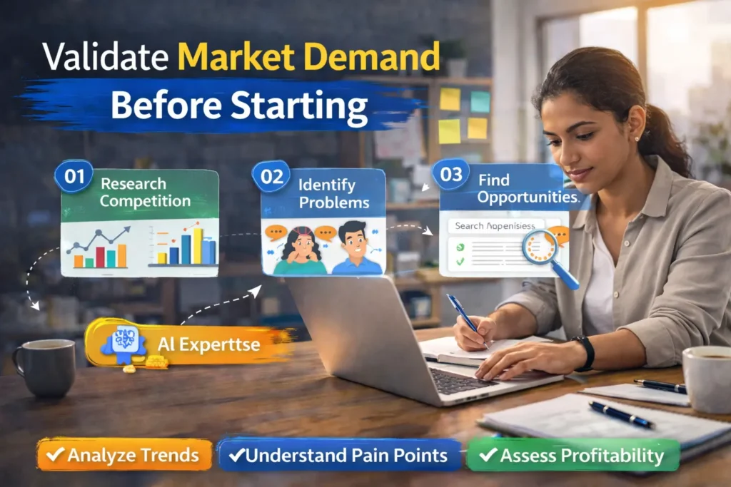 Entrepreneur validating market demand on a laptop by researching competition, identifying customer problems, and analyzing business opportunities.