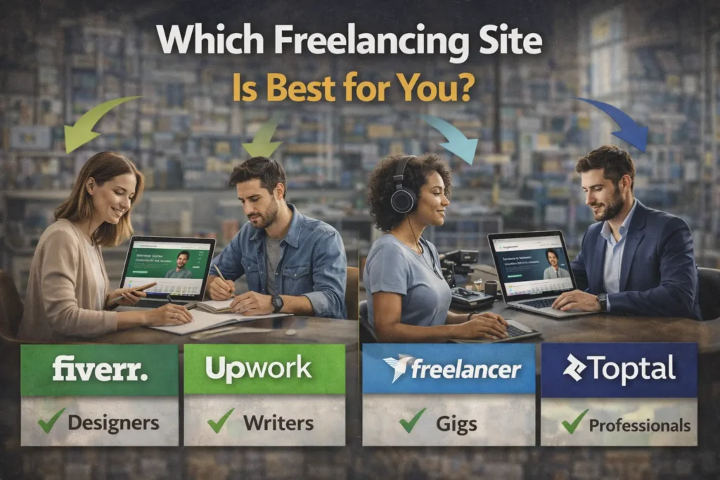 Which freelancing site is best for you comparison featuring Fiverr, Upwork, Freelancer, and Toptal for designers, writers, gig workers, and professionals.