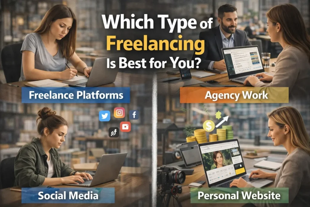 Which type of freelancing is best for you featuring freelance platforms, agency work, social media freelancing, and personal website business models.