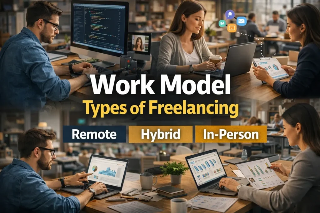 Work model types of freelancing including remote, hybrid, and in-person freelancers working on laptops in home offices, coworking spaces, and corporate environments.