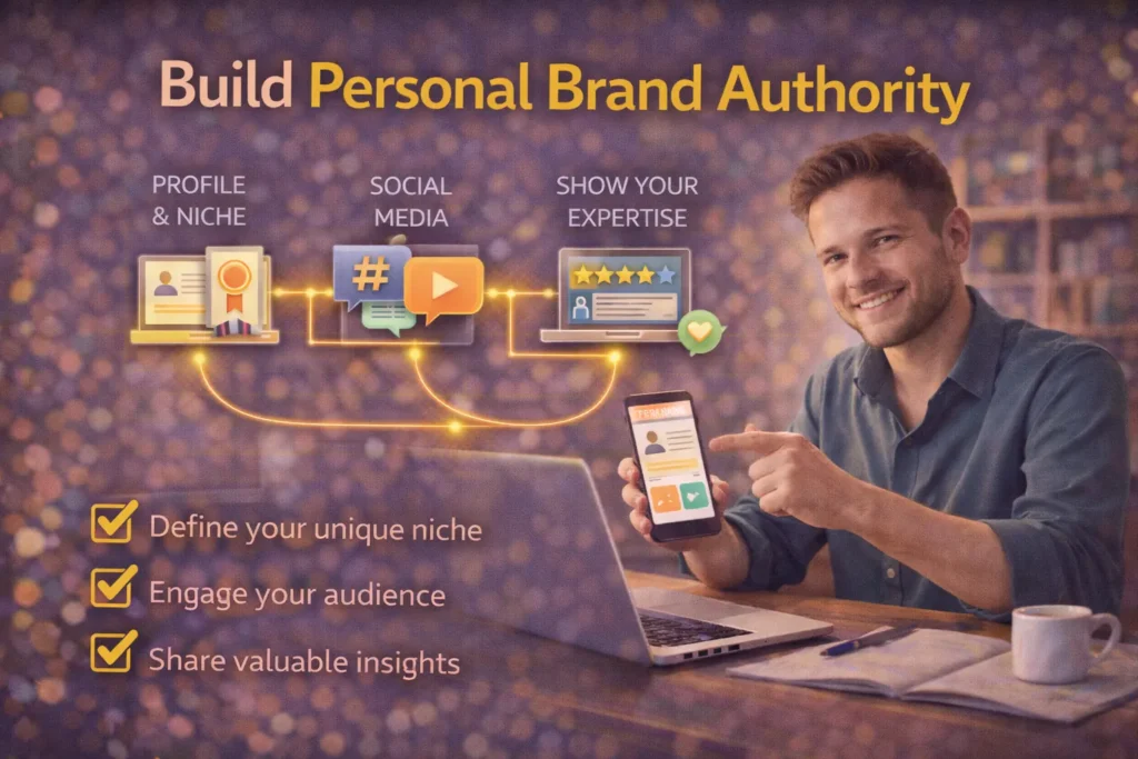 Freelancer building personal brand authority online by sharing expertise, engaging audience, and growing professional visibility