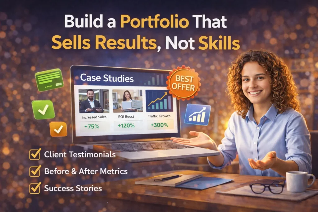 Freelance designer with curly hair showing a results-driven portfolio on a laptop with case studies, client testimonials, and performance metrics for attracting freelance clients.