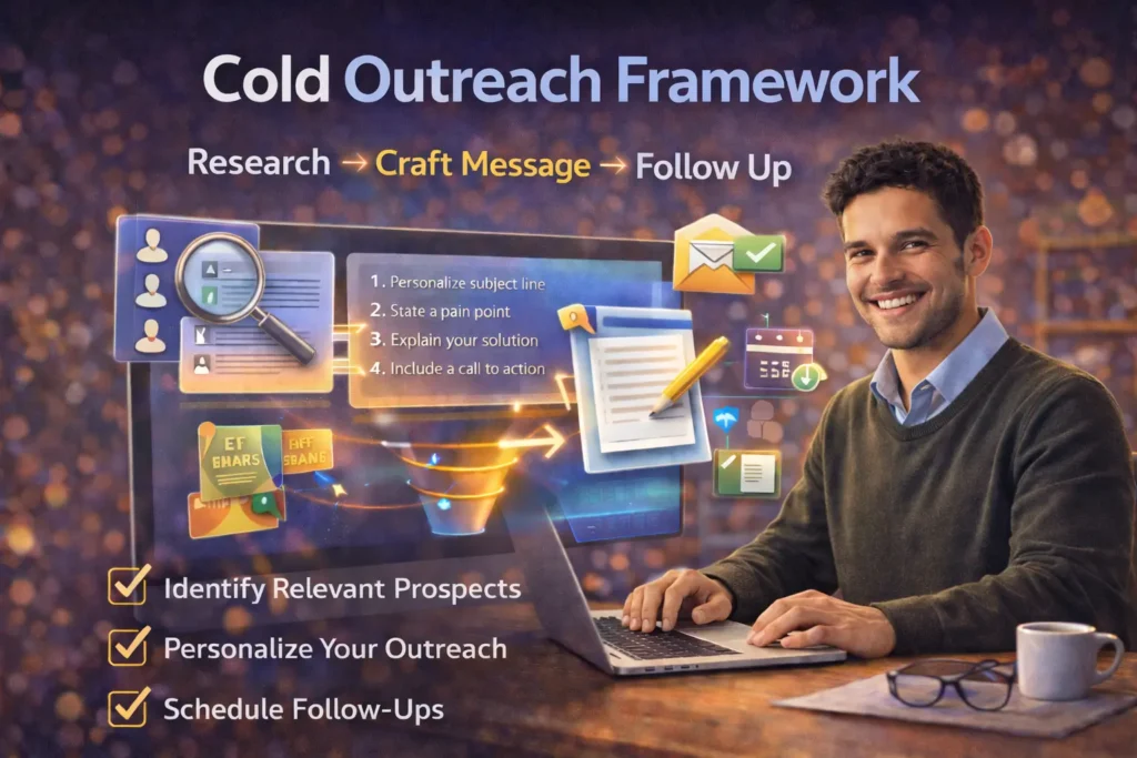 Freelancer using a laptop to implement a cold outreach framework showing research, message crafting, and follow-up steps to acquire freelance clients.