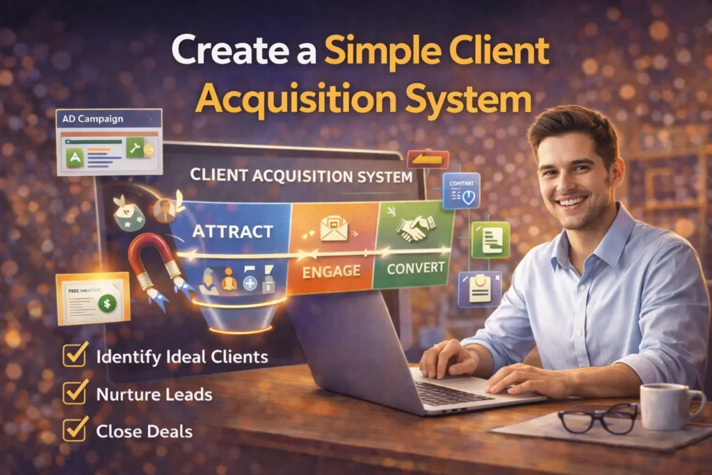 American freelancer working on a laptop with a client acquisition funnel showing attract, engage, and convert steps for building a freelance client acquisition system.