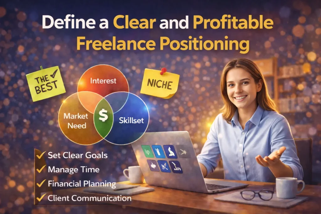 Female freelancer working on a laptop while planning a clear and profitable freelance positioning strategy using a Venn diagram of interest, market demand, and skillset.