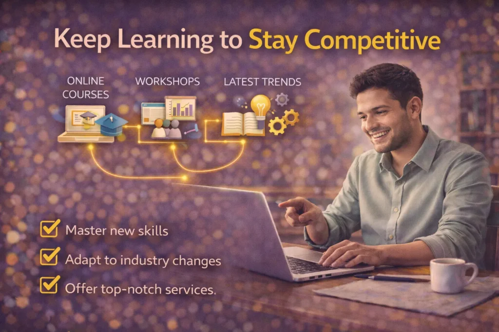 Freelancer learning new skills online to stay competitive in freelancing using courses, workshops, and industry trends
