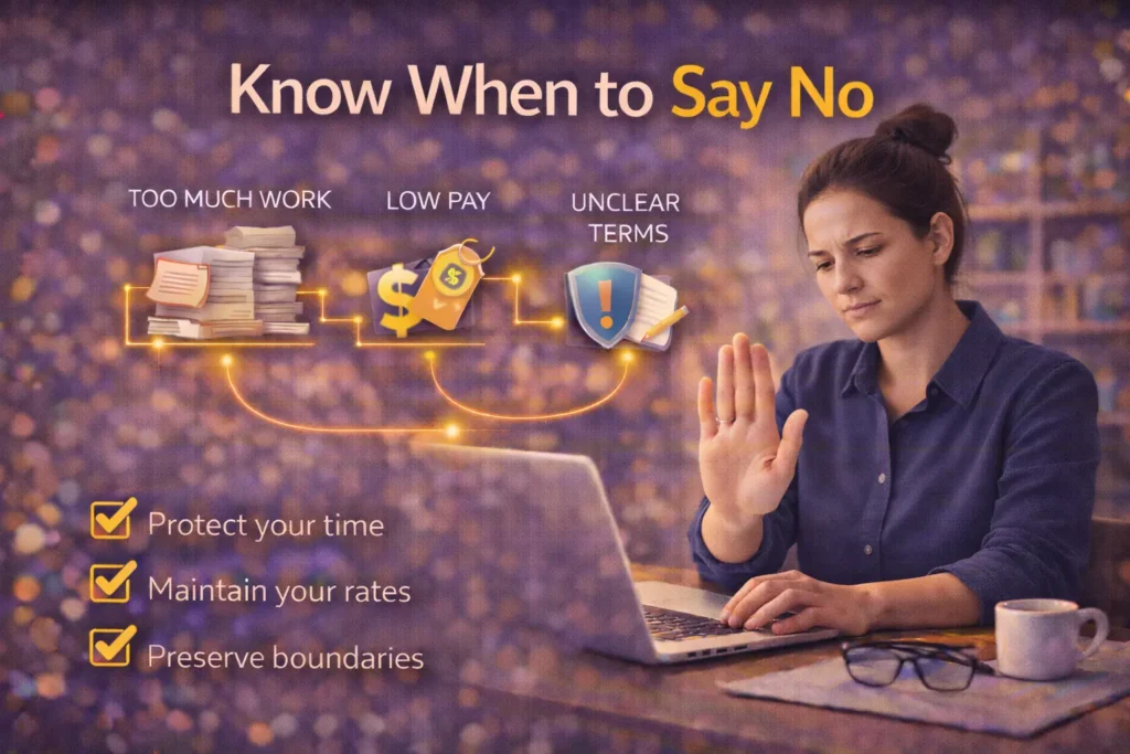 Freelancer setting boundaries and rejecting low-paying or unclear freelance projects while working on a laptop.