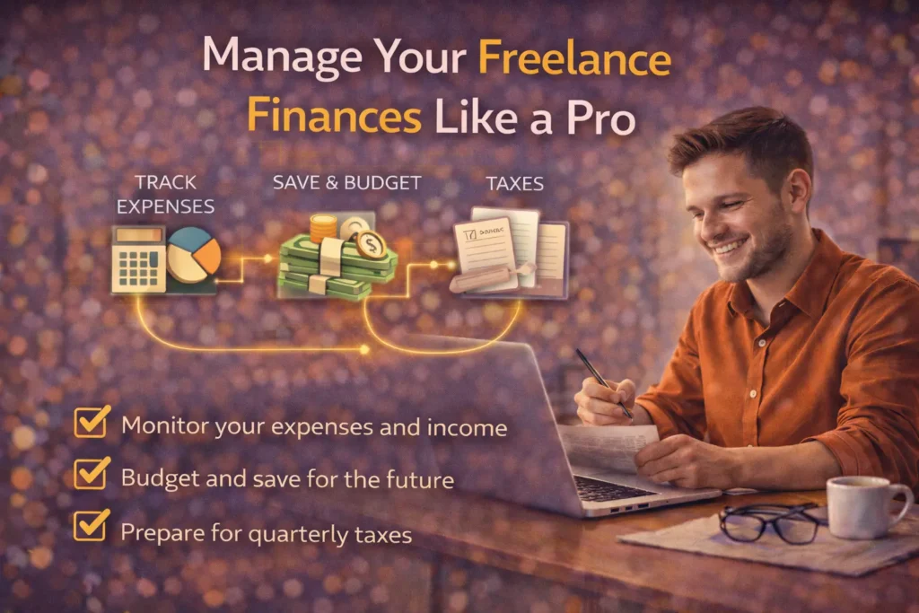 Freelancer managing finances on a laptop illustrating expense tracking, budgeting, and tax planning for freelance business success