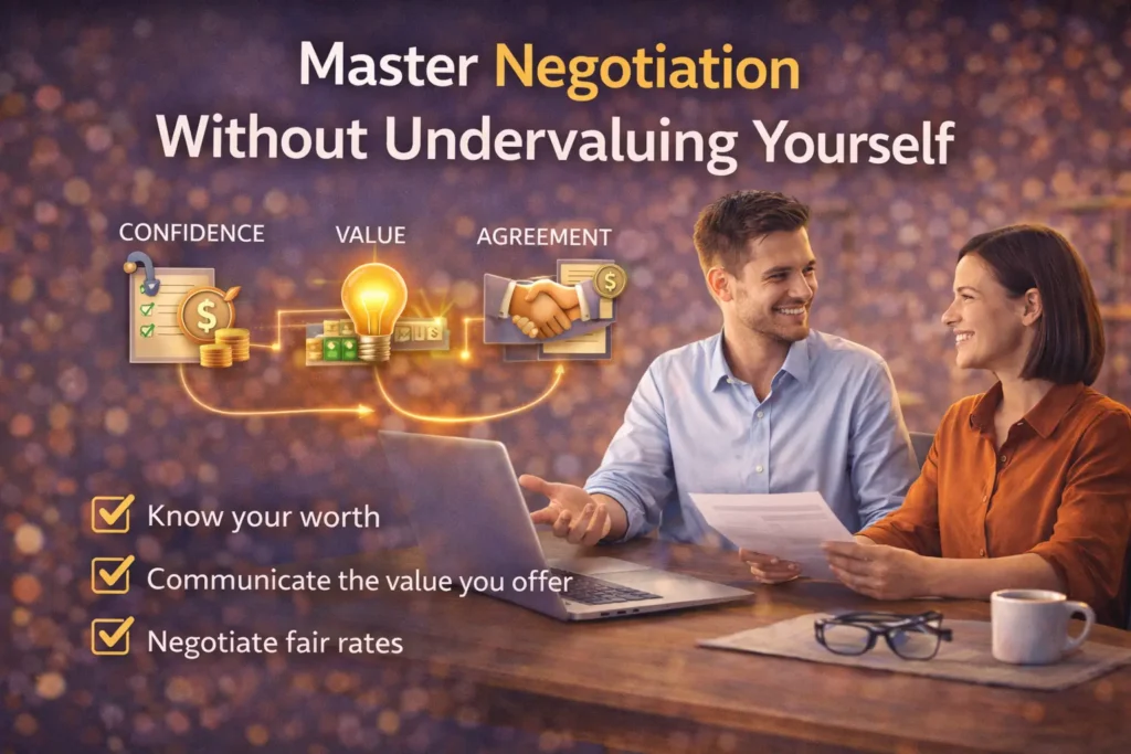 Freelancer negotiating with a client across a table illustrating how to negotiate freelance rates confidently without undervaluing your services