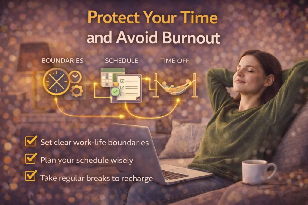 Freelancer relaxing with a laptop illustrating work-life balance and strategies to protect time and avoid burnout while freelancing