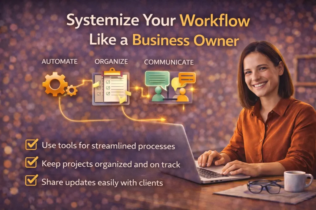 Freelancer woman working on a laptop illustrating how to systemize freelance workflow with automation, organization, and client communication tools.