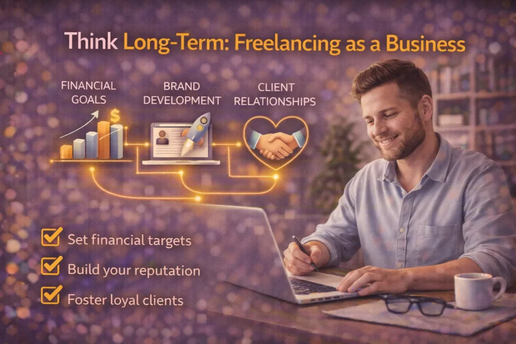 Freelancer planning long-term freelance business growth by setting financial goals, building a personal brand, and maintaining strong client relationships.