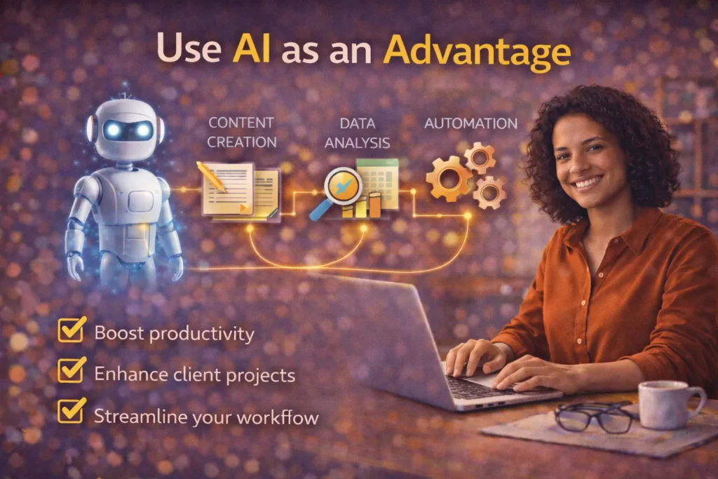 Freelancer using AI tools on a laptop to boost productivity, automate tasks, and improve freelance workflow.