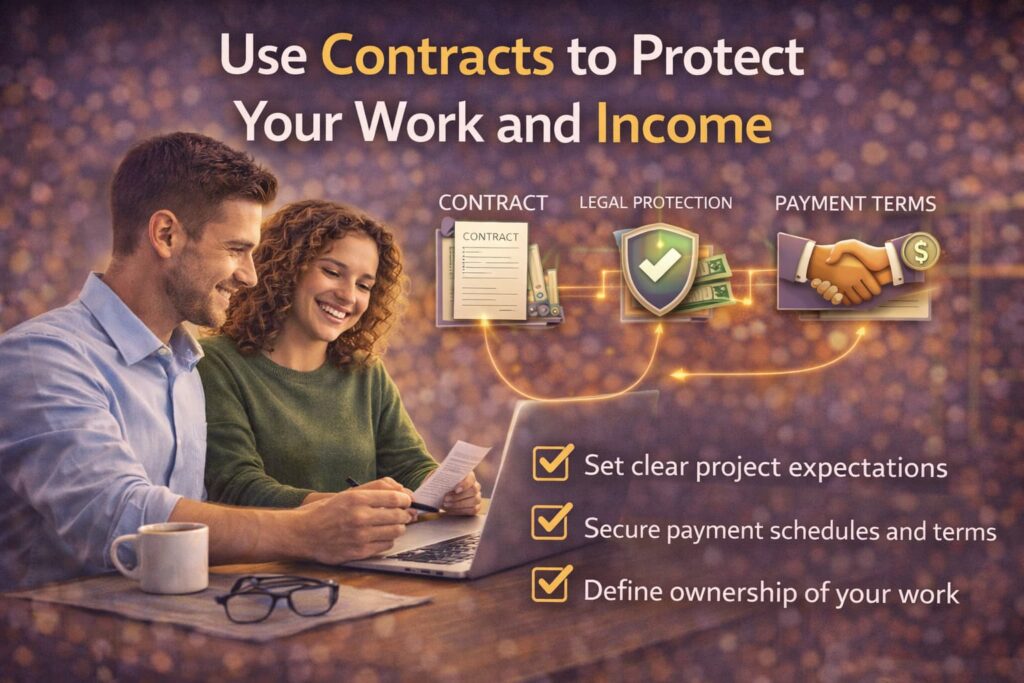 Freelancer reviewing a contract with a client on a laptop illustrating how contracts protect freelance work, payments, and project terms