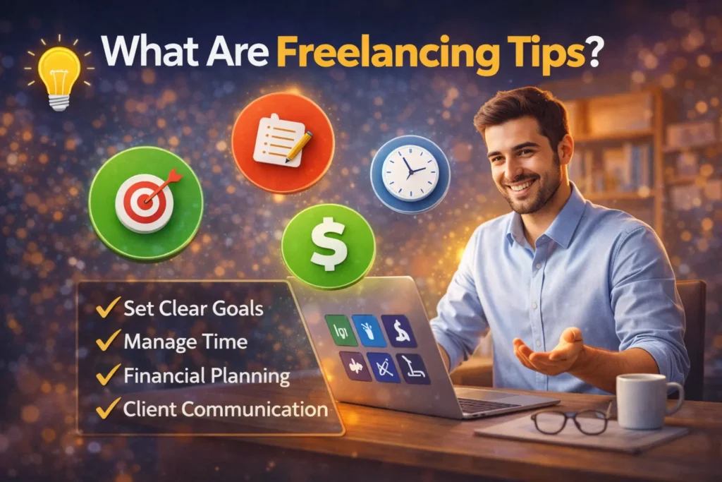 Freelancer working on laptop showing freelancing tips including goal setting, time management, financial planning, and client communication for freelance success.